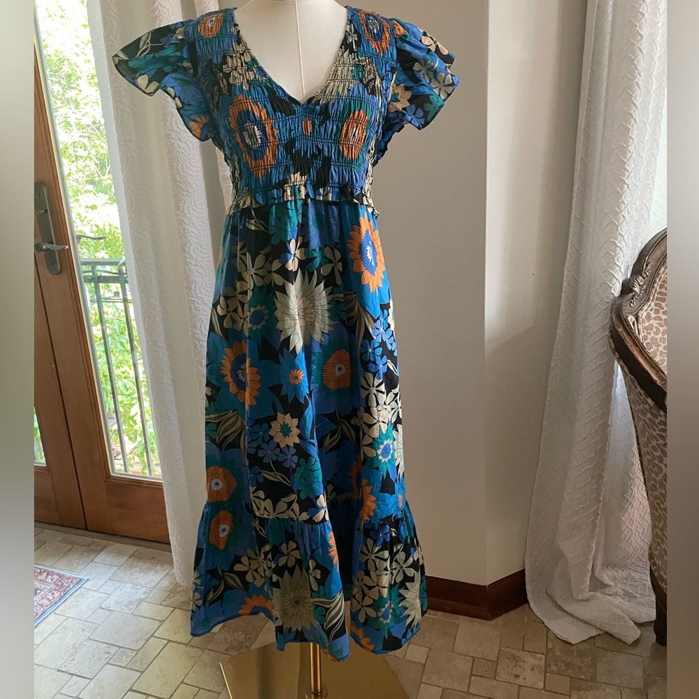 Rails Clementine Smocked NWOT Cotton Floral Dress Pockets Small fits Medium Midi - Picture 4 of 10